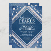 Elegante Denim en Parels Uitnodiging (Voorkant / Achterkant)