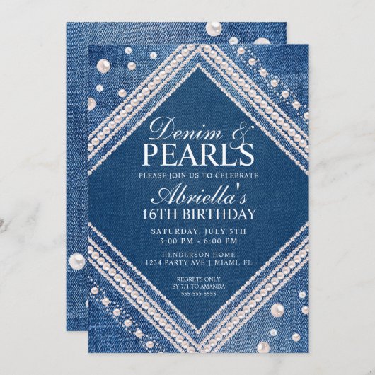 Elegante Denim en Parels Uitnodiging (Voorkant / Achterkant)