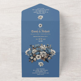 Elegante Denim & Navy Floral Custom Photo Wedding All In One Uitnodiging