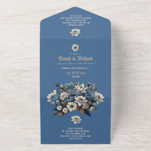 Elegante Denim & Navy Floral Custom Photo Wedding All In One Uitnodiging