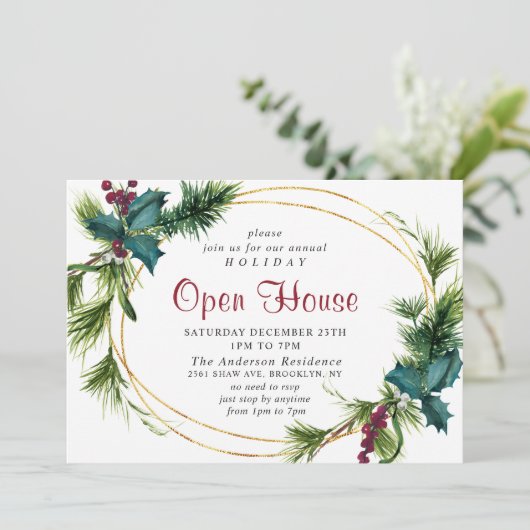 Elegante dennen hulst Kerstvakantie open huis Kaart (Staand voorkant)