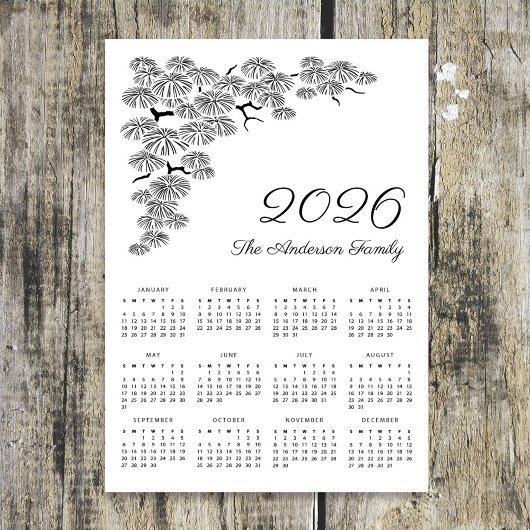 Elegante dennen tak botanische kalender 2026