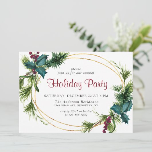 Elegante dennenbes kerstvakantie diner kaart (Staand voorkant)