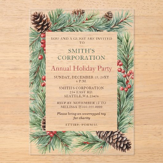 Elegante dennenbessen Corporate Holiday Party Acryl Uitnodigingen (Voorkant)