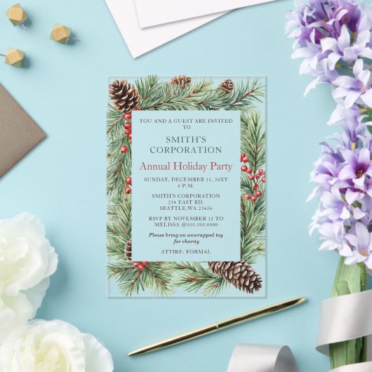 Elegante dennenbessen Corporate Holiday Party Acryl Uitnodigingen (Insitu (Huwelijk))
