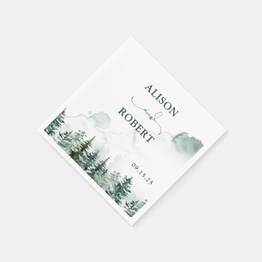 Elegante dennenbomen bos kalligrafie bruiloft servet (Hoek)