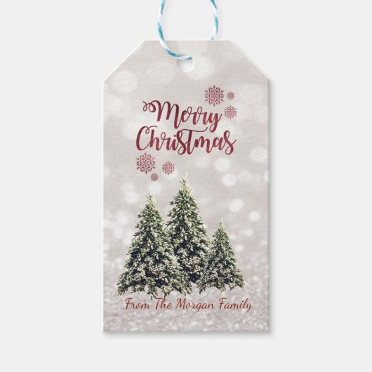 Elegante dennenbomen, glitterende bokeh cadeaulabel (Voorkant)