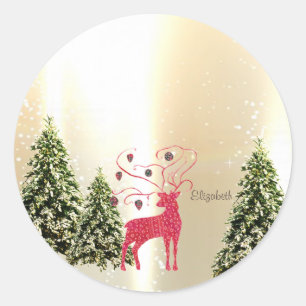 Elegante dennenbomen, rode retro rendieren goud ronde sticker