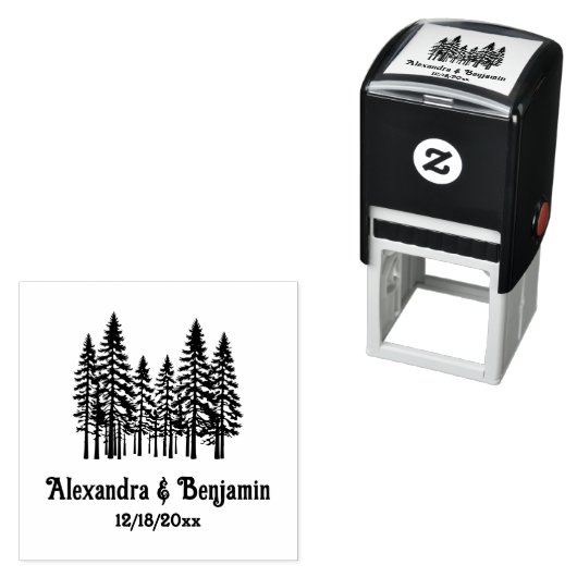 Elegante dennenbomen trouwkoppel naam datum  zelfinktende stempel (In situ)