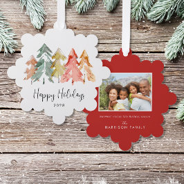 Elegante dennenbomen Waterverf Foto Kerstmis Ornament Kaart