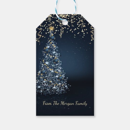 Elegante dennenboom, confetti blauw cadeaulabel (Voorkant)