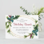 Elegante dennenboom hulstbes Kerst Holiday Brunch Kaart (Staand voorkant)