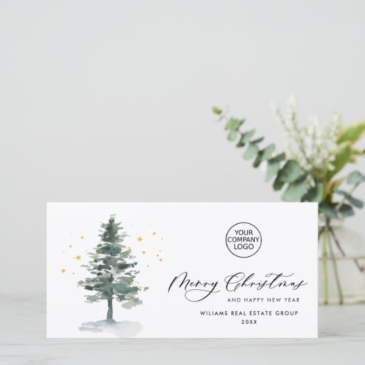 Elegante dennenboom Kerst bedrijfsbegroeting Feestdagenkaart (Staand voorkant)