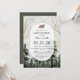 Elegante dennenbosbeer watercolor babyshower kaart