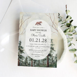 Elegante dennenbosbeer watercolor babyshower kaart