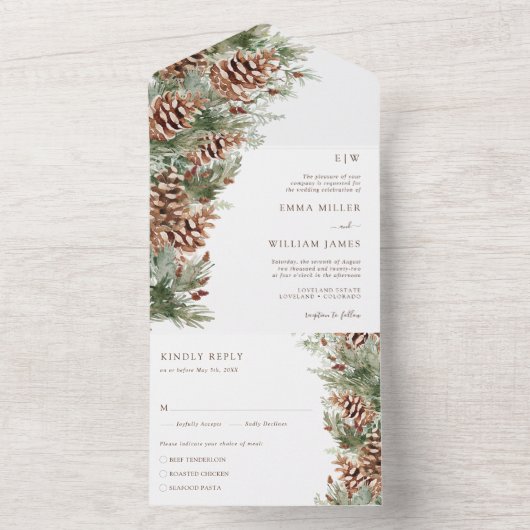 Elegante dennenbruiloft all in one uitnodiging (Binnen)