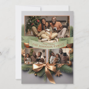 Elegante Dennengoud Lint Familie Kerstkaart