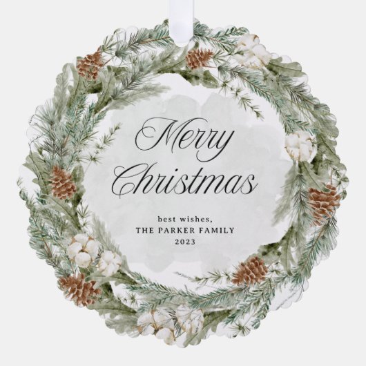 Elegante dennenkrans en groen | Vrolijk kerstfeest Ornament Kaart (Voorkant)