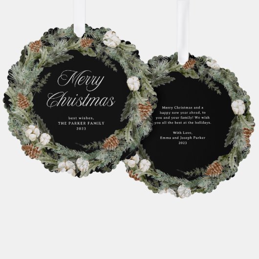 Elegante dennenkrans en groen | Vrolijk kerstfeest Ornament Kaart (Voorkant / Achterkant)