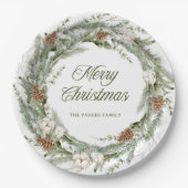 Elegante dennenkrans en groen | Vrolijk kerstfeest Papieren Bordje (Voorkant)