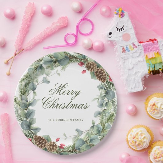 Elegante dennenkrans groen Vrolijk Kerstfeest Papieren Bordje (Feest)