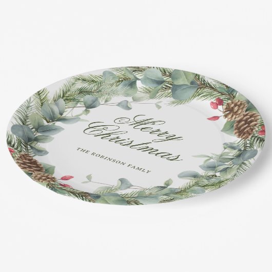 Elegante dennenkrans groen Vrolijk Kerstfeest Papieren Bordje (Gekanteld)