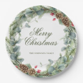 Elegante dennenkrans groen Vrolijk Kerstfeest Papieren Bordje (Voorkant)