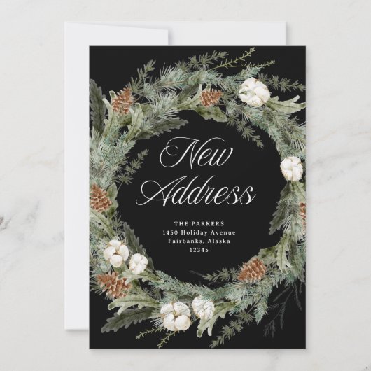 Elegante dennenkrans zwart | Kerstmis nieuw adres Feestdagenkaart (Voorkant)