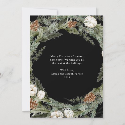 Elegante dennenkrans zwart | Kerstmis nieuw adres Feestdagenkaart (Achterkant)