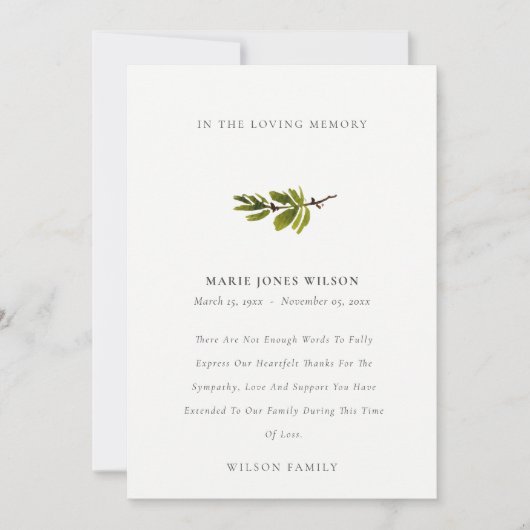 Elegante dennentak loof sympathie gedenkteken bedankkaart (Voorkant)