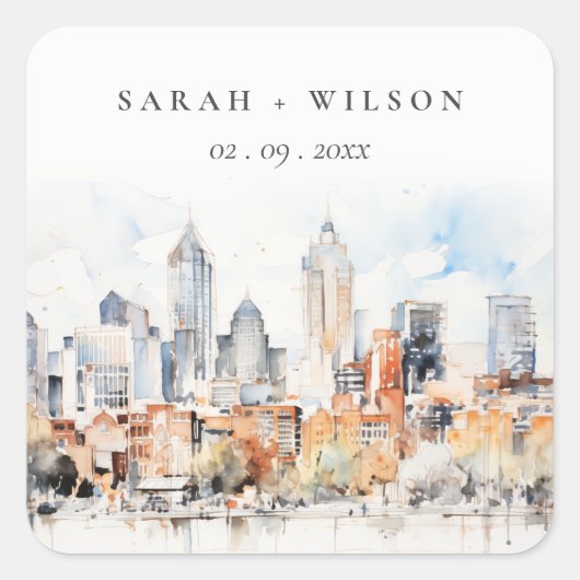 Elegante Denver Colorado Skyline Waterverf bruilof Vierkante Sticker (Voorkant)