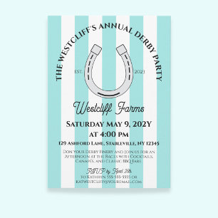 Elegante Derby Party Blue Cabana Stripe Hoefijzer Kaart