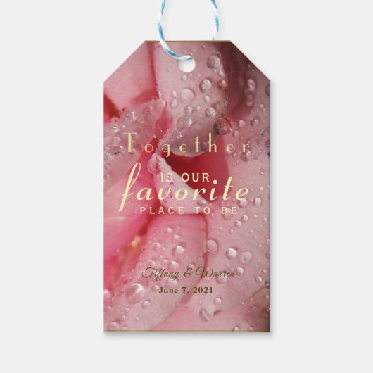 Elegante Dew Drops op Roos Petal Wedding Favor Lab Cadeaulabel (Voorkant)