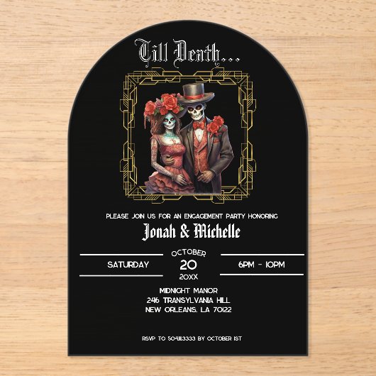 Elegante Día de los Muertos verlovingsfeest Acryl Uitnodigingen (Voorkant)