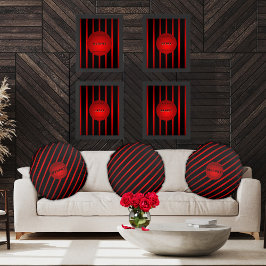 Elegante diagonale zwarte rode strepen Monogram Na Rond Kussen