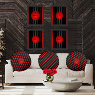 Elegante diagonale zwarte rode strepen Monogram Na Rond Kussen