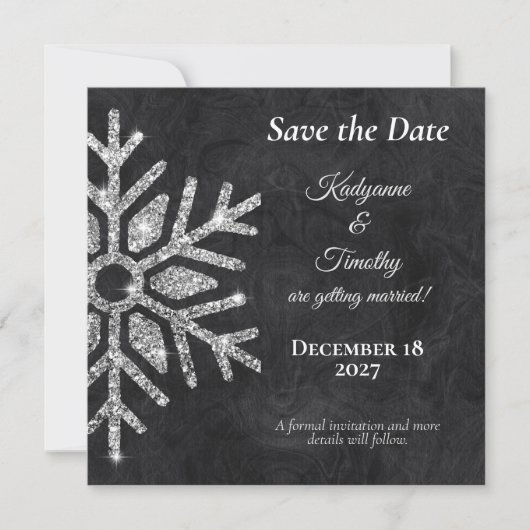 Elegante Diamant Sneeuwvlokken op Zwarte Bruiloft Save The Date (Voorkant)