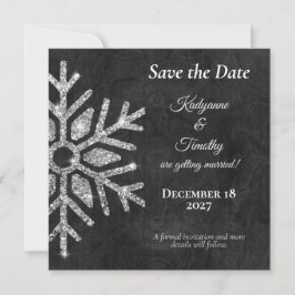 Elegante Diamant Sneeuwvlokken op Zwarte Bruiloft Save The Date