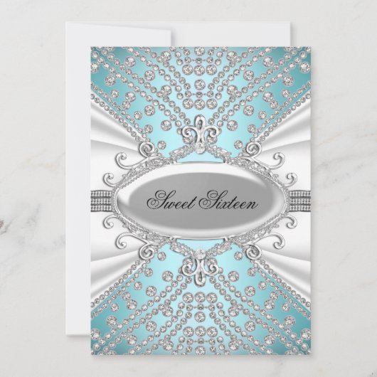 Elegante Diamanten Blauwe Sweet 16 Feest Uitnodigi Kaart (Voorkant)