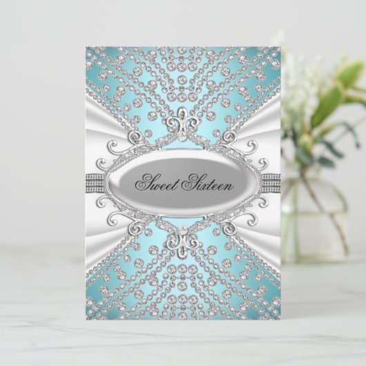 Elegante Diamanten Blauwe Sweet 16 Feest Uitnodigi Kaart (Staand voorkant)