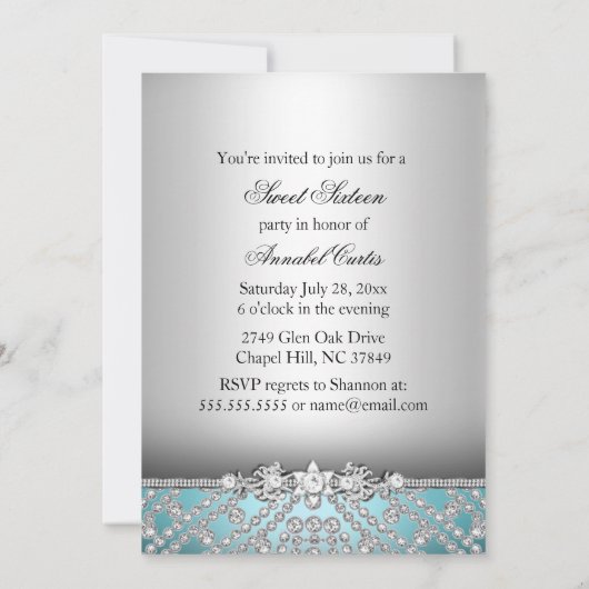 Elegante Diamanten Blauwe Sweet 16 Feest Uitnodigi Kaart (Achterkant)