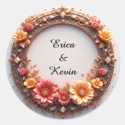 Elegante diamanten bloemenring trouwframe ronde sticker (Voorkant)