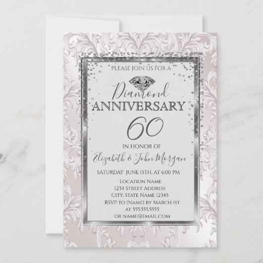 Elegante diamanten damast bruiloft jubileum kaart (Voorkant)