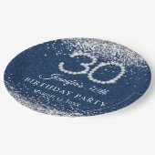 Elegante diamanten & denim 30e verjaardagsfeest papieren bordje (Gekanteld)