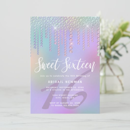 Elegante diamanten druppels paarse sweet sixteen kaart (Staand voorkant)