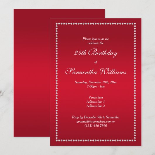 Elegante diamanten lijst rode verjaardag kaart (Voorkant / Achterkant)