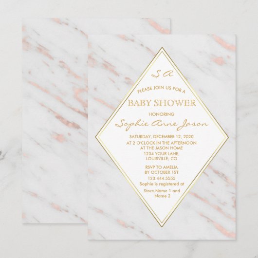 Elegante diamanten roze gouden marmer baby shower kaart (Voorkant / Achterkant)