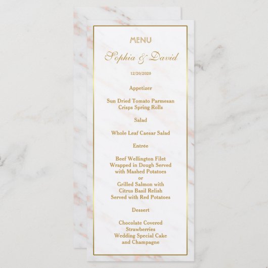 Elegante diamanten roze gouden marmeren bruiloft menu (Voorkant / Achterkant)