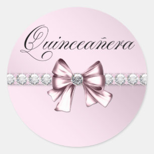 Elegante diamanten roze zwarte Quinceanera-sticker Ronde Sticker