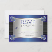 Elegante diamanten saffier sluiting blauw bruiloft RSVP kaartje (Voorkant)